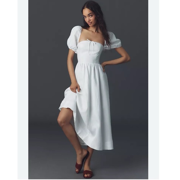 Reformation Marella Linen Puff-Sleeve Dress White - Picture 2 of 11